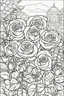 Placeholder: kids coloring page, rose garden, cartoon style, thick lines, low detail, no shading