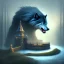 Placeholder: fantasy art, book cover, big mad wizard in front of the ebony stairs, a bridge or dam ,icy water, on the bridge is a big hairy mad wolf