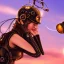 Placeholder: great illustrator, spanish, realistic rendering of a cute spanish girl kissing herself, beautiful, steampunk style. Helmet with tubes. Machinery in the background. robotic bird flying. High details. 4k. unreal engine, sunset