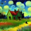 Placeholder: Dibujo al oleo de una pradera con una casa y unos niños con muchas nubes de colores estilo Vincent van Gogh