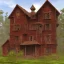 Placeholder: Exterior of a large red wooden house with 4 floors. Half is rotten and moldy.