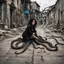Placeholder: a woman with dark hair and octopus legs, crawling along a derelict street