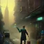 Placeholder: spray paint fantasy art, dirty city alley, heist action, upper body of human thief in shadow, book illustration