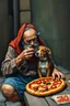 Placeholder: Bosch painting style ,a homeless with his dog on the street block eating a Pizzas with tomatoes sliced and melting cheese and olive on it , high quality and fantasy