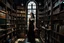 Placeholder: full-height shot of a woman in a tight black dress, inside a large magic book shop, books, bottles, windows