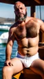 Placeholder: photography of a burly marocan fisherman sunbathing sitted in a fisher wooden boat, in little white french briefs, tattoo, manly chest, ugly, 46 years old, bullneck, white curly beard, bald, muscular chubby, angry eyes, photorealistic, Canon EOS, 8k