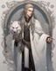 Placeholder: a young High Elf frost Wizard with long wiry hair, wearing a black trimmed white nobleman's robe and frost ornaments on clothes, with a weasel on his shoulder