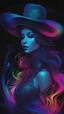 Placeholder: A mesmerizing dark fantasy illustration featuring a sensuous, ethereal female figure adorned with a striking, oversized hat in a minimalist, line art style. The female figure, with her body portrayed in vivid rainbow colors, is intricately posed against the depths of an inky darkness. At the heart of the image lies a symbiotic entity – a horse composed entirely of shiny, vibrant glass. This glass horse radiates rainbow colors, harmoniously merging with the female figure. The illustration exudes