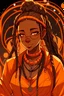 Placeholder: Black woman with braids, wearing orange wears, wearing a necklace with the all-seeing eye, anime style