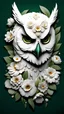 Placeholder: male with owl head made from a lot of beautiful white beautiful flowers and , white scars, pale colors smooth contrast, dark green background
