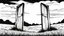 Placeholder: broken wooden door, anime, monochrome, black background, ink, simple, maximum quality, broken hinge, barely functioning, centered on frame, far view, in the middle of a grassy hill, white sky with cumulonimbus