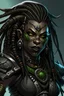 Placeholder: dungeons and dragons character portrait of a very strong and big beast human female warrior wearing black armor with black skin and dreadlocks and thick eyebrows and big nose and big fangs and green eyes and visible tusks, as living in a cyperpunk dystopia