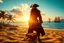Placeholder: create a wide surreal scene of a pirate standing on a golden beach with a treasure chest full of coins in front of him, palms and tropical vegetation behind, pirate ship floating in the ocean. The pirate’s figure is semi-transparent, showing the chest, ship and coastline within his silhouette in a glowing double exposure. Ocean breeze in his coat, warm sunset tones, rich natural details, fantasy realism --v 7 --style raw --ar 16:9