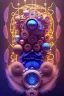 Placeholder: bearded man head with feathers, spheres, cubes, gears, clocks, engine parts, exhaust pipes, fur, peacock feathers, mechanism, in the style of Android Jones, gradient, bioluminescent, rococo, photorealistic, intricate details, 8k, purple and gold, digital painting, top light, illustration, trending on artstation