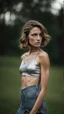 Placeholder: photography of a beautiful anorexic woman, silver satin top, sports illustrated, short wavy bob haircut, pronounced sternum