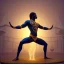 Placeholder: upper body of beautifull dark skinned dhalsim, yoga flame, delicate hands , one legged stretching artist with long hair in a yurt in the air, maze background , levitated lab equipment, 4k, Highly Detailed, Masterpiece, perfect eyes, Digital Illustration, Cinematic Lighting, Realistic, Sharp Focus, Centered, Beautifully Lit, Bioluminescent by Stanley Artgerm Lau