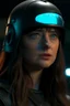 Placeholder: Dakota Johnson A commander wearing a matte black helmet with flaming eyes with flaming light blue pupils