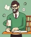 Placeholder: Fit man in round glasses with bookshelf in background,no beard, reading book, slim, tie, monotone, green eyes, comic book style, two tone colours, detailed, ink, realistic, handsome, square jaw, big brows, no jacket, bird on the shoulder, spotlight