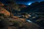 Placeholder: Dry trees, night, arid land, vegetations, rocks, little river, mountains