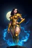 Placeholder: pretty woman, big bubs, good body, rude mode, dressed in a golden mini armor, blue cosmoenergy around her, on top of a tower, moonlight