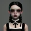 Placeholder: Jenna ortega with wednesday addams black dress,soft goth libstick, wednesday addams make up, dramatic lighting, highly detailed, volumetric lighting, unreal engine, 8k