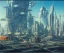 Placeholder: Space Center on a heavy industrialized planet with a futuristic city in the background, In the foreground a spaceship is loaded, (retrofuturistic:2), art by John Berkey, buildings with glass facades, brutalist architecture, insanely detailed, vibrant, 8k uhd, cinematic atmosphere, ultra-wide angle, street level view, brush strokes, blue sky with clouds, sharp focus