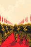 Placeholder: "A conceptual black-and- yellow Red digital illustration of a massive soldiers with guns walking in the same direction, heads down, symbolizing conformity. The atmosphere feels lifeless and repetitive, emphasizing the ordinary mindset of the majority."