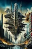 Placeholder: a stunningly weird image of a futuristic metropolis using Salvador Dali's paranoiac-critical method, where buildings and structures appear to melt into the skyline cityscape is filled with floating mad, twisted sharp metal shapes that interact with the buildings and each other, forming a surreal tableau of a dreamlike reality. neu-steampunk vibe, essence of the scene in a cinematic manner, with dramatic shadows that enhance the distorted perspectives and bizarre