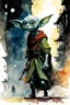 Placeholder: Dobby the elf mash up Grogu, create in inkwash and watercolor, carnival in the comic book art style of Mike Mignola, Bill Sienkiewicz and Jean Giraud Moebius, highly detailed, grainy, gritty textures, , dramatic natural lighting