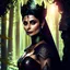 Placeholder: Morena Baccarin as a beautiful sexy dark elf queen seated elegantly on a throne in a mystical forest, dark celtic vignette frame, photo-realistic, cinematic lighting, award-winning photography