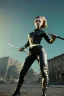 Placeholder: retro portrait image from 1960, city background, wind, long hair, fighting stance, young Scarlett Johansson, classic black tight lycra suit, metal stick weapon, gold bracelet and belt, high heel boots, soft color, highly detailed, unreal engine 5, ray tracing, RTX, lumen lighting, ultra detail, volumetric lighting, 3d, finely drawn, high definition, high resolution.