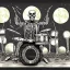 Placeholder: steampunk, one skeleton, vitruvius man, playing drums, full moon background, art nouveau,