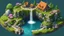 Placeholder: (simple background:1.2), (isometric 3d art of floating rock citadel), cobblestone, flowers, verdant, stone, moss, fish pool, (waterfall:1.2), cottage