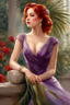 Placeholder: elegance, beautiful woman, 18 years old,,with a side view, tiny, luxuriant, center, single luxuriant purple dress, red hair, render indoor palm, white background,32k, ultra high definition,oil painting, white background, clipart, thomas kinkade, blushing, masterpiece, unique, breathtaking, Best Artist, Cinematography, Soft Lighting, Cute and well loved, Creative, Ultra detailed