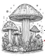 Placeholder: mushroom world minimalistic landscape. line art, background, vector, svg, coloring book page style, black outline on white background