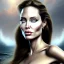 Placeholder: A beautiful portrait of Angelina Jolie as a mermaid , leaning on a ships deck ,Rough sea in the background, (digitall art by Eugene de Blaas and Ross Tran, vibrant color scheme, highly detailed, in the style of romanticism, cinematic, artstation best quality, realistic lighting, masterpiece portrait, details light dusting , cowboy shot from above, simple chain hauberk Vector art digital illustration 3D shading )