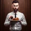 Placeholder: portrait of man in front dark wooden wall, shiny fork and knifes on dinner table with cloth, fantasy art book cover