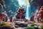 Placeholder: archeologists discovering space panda giant ninja people worshipping statues and idols, on a strange planet with weird colors and waterfalls, bokeh like f/0.8, tilt-shift lens 8k, high detail, smooth render, down-light, unreal engine, prize winning