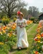Placeholder: create a video , in a pretty nature of conuntry side a big mas of ramdom pretty flowers fall down and a beautiful lady in victorian clothing comes out and walks with cute in the flowers garde