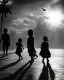 Placeholder: children playing on the indian street capture them against the sun and make an art silhouette, details, sharp, black and white 8k