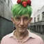 Placeholder: the infamous mutant strawberry-man with green pixie-cut hair, extreme reality,