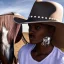 Placeholder: gigachad face,sigma,man face,brutal woman,reflections,shadows,more details,realistic light,afro,cowboy hat,silver Earrings,beautiful eyes,one person,horse