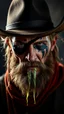 Placeholder: wild cowboy man with slime on face looking like tribal tattos , and eyepatch, portrait, darkness