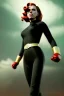 Placeholder: retro portrait image from 1960, sky background, wind, long red hair, fighting stance, sweet young Scarlett Johansson, black dress, classic long tight lycra black suit, gold bracelet and belt, high heel boots, superhero style, soft color, highly detailed, unreal engine 5, ray tracing, RTX, lumen lighting, ultra detail, volumetric lighting, 3d, finely drawn, high definition, high resolution.