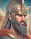 Placeholder: Mesopotamian warrior, expression serious, aura, portrait, background Mesopotamian city, comic style, long beard, helmet,