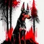 Placeholder: Doberman dog sitting, front view, full body, ink lineart red white black pointy ears trees