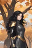 Placeholder: Young woman with long and wild black hair, gray eyes, wearing black and gray clothes, autumn trees in background, wearing a skirt, futuristic golden gauntlets, futuristic clothes, RWBY animation style