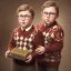 Placeholder: solo peter billingsley is a chubby kid with glasses, gripping a single Dark red soap bar, ((brown))argyle sweater