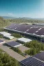 Placeholder: Photorealistic style. Battery energy storage next to the company with photovoltaics on the roof. Green background, photo detailed