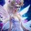 Placeholder: Fantasy cute fairy with wings, smiling, make up, long blond platinum hair, blue eyes, crown, beautiful dress, flowers in background, HQ